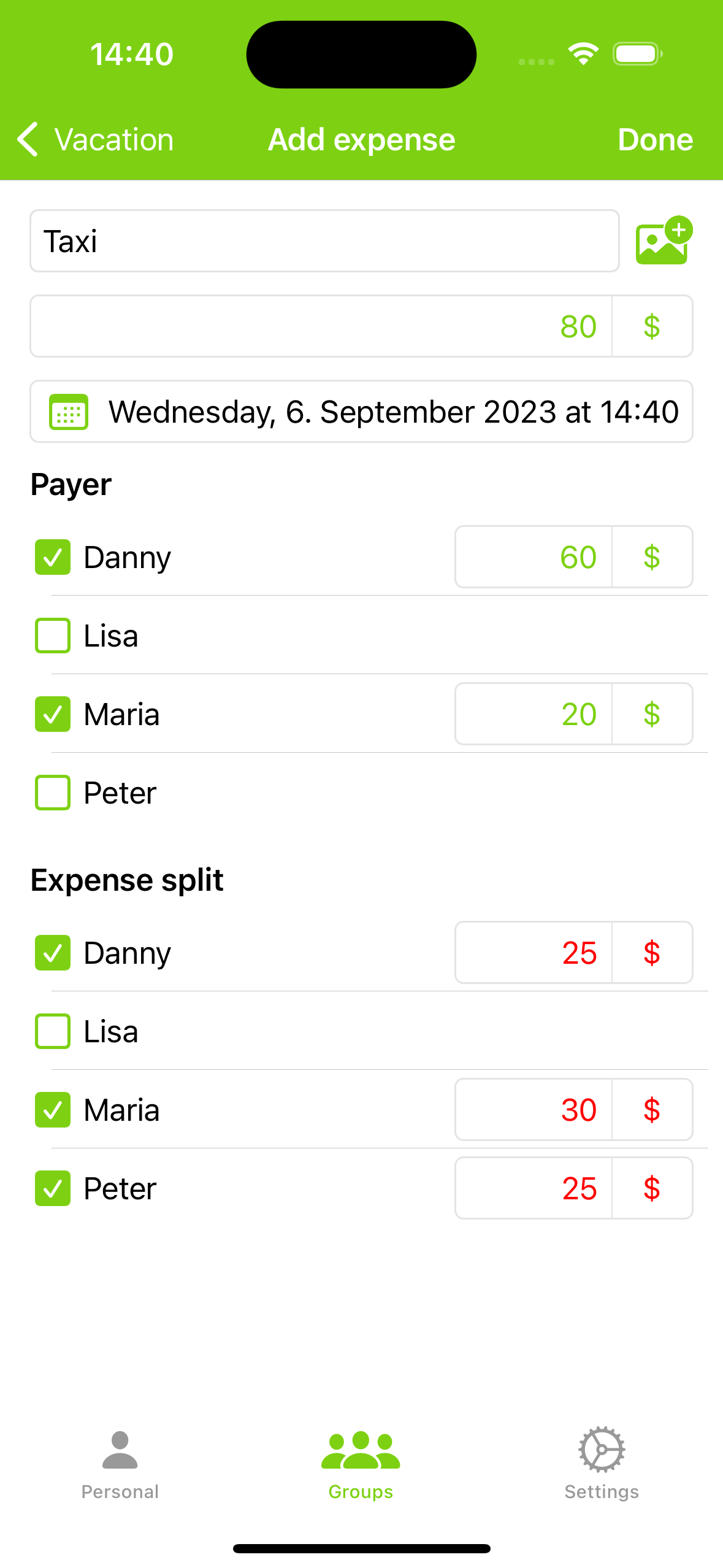 split group add expense with data